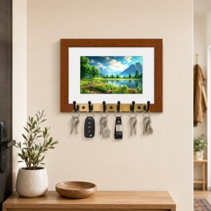 Decorative Wooden Photo Frame Key Hanger With Nature Picture, 12 X 8 Inch Wall Key Holder, 10 X 6 Inch Glossy Photo Frame, 6 Metal Hooks, Home Entrance Decor, Made In India (F38847)