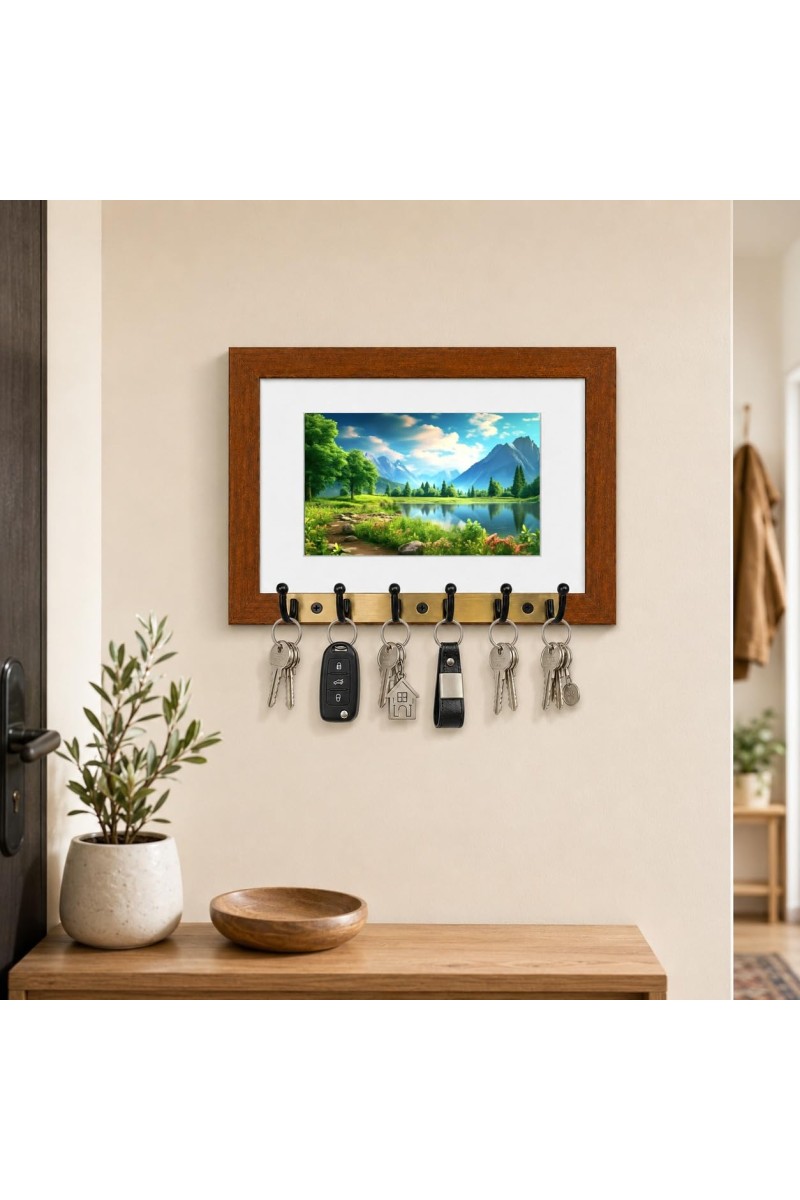 Decorative Wooden Photo Frame Key Hanger With Nature Picture, 12 X 8 Inch Wall Key Holder, 10 X 6 Inch Glossy Photo Frame, 6 Metal Hooks, Home Entrance Decor, Made In India (F38847)