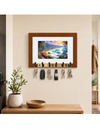 Decorative Wooden Photo Frame Key Hanger With Nature Picture, 12 X 8 Inch Wall Key Holder, 10 X 6 Inch Glossy Photo Frame, 6 Metal Hooks, Home Entrance Decor, Made In India (F38802)