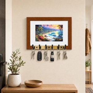 Decorative Wooden Photo Frame Key Hanger With Nature Picture, 12 X 8 Inch Wall Key Holder, 10 X 6 Inch Glossy Photo Frame, 6 Metal Hooks, Home Entrance Decor, Made In India (F38802)