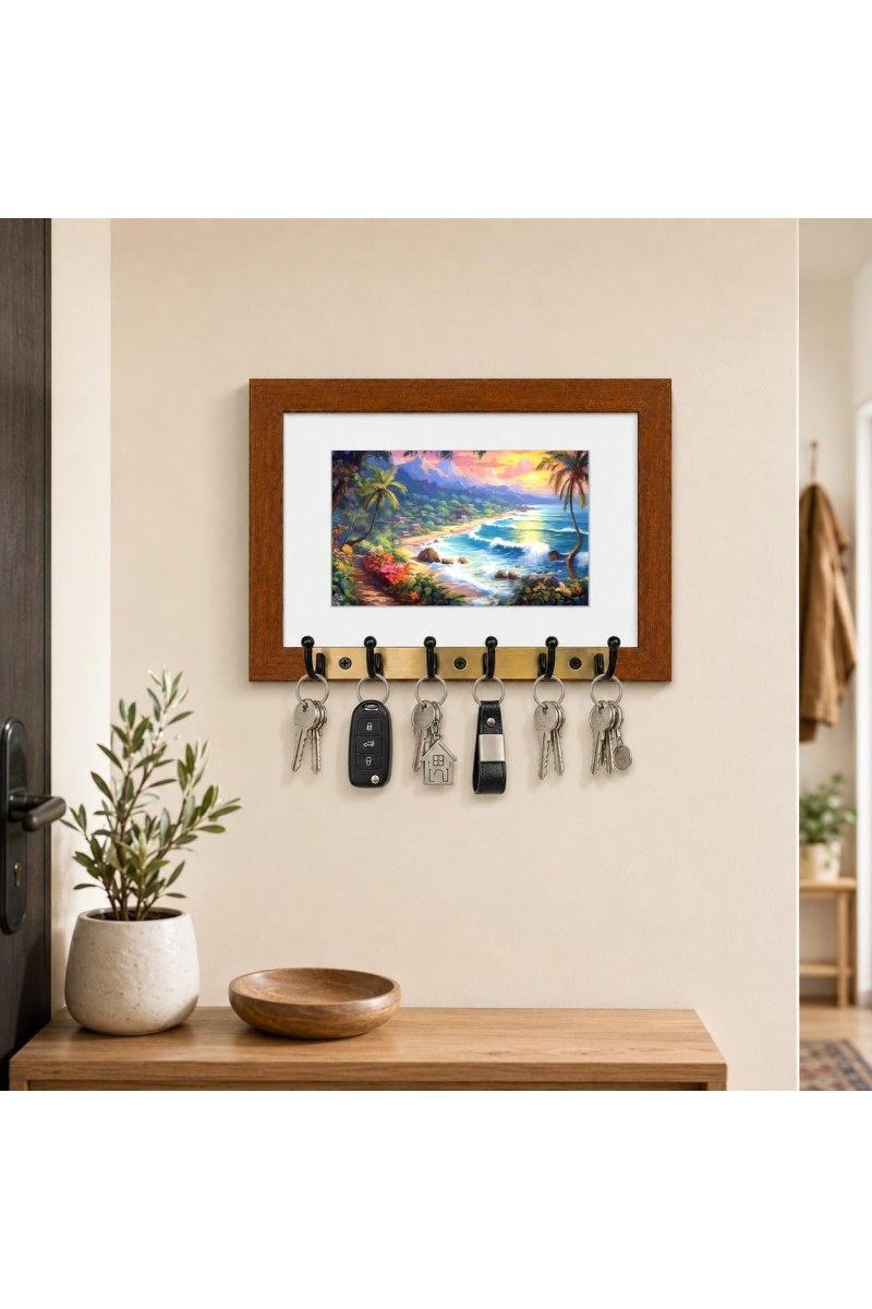 Decorative Wooden Photo Frame Key Hanger With Nature Picture, 12 X 8 Inch Wall Key Holder, 10 X 6 Inch Glossy Photo Frame, 6 Metal Hooks, Home Entrance Decor, Made In India (F38802)