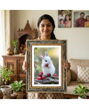 White Rabbit Holding A Red Cherry Decorative Photo Frame With White Mount | Premium Wall & Tabletop Picture Frame | Home, Office & Temple Decoration | 10x14 Inch (Pack Of 1) (F32445)