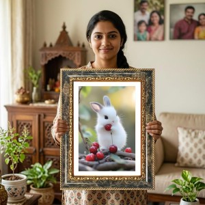 White Rabbit Holding A Red Cherry Decorative Photo Frame With White Mount | Premium Wall & Tabletop Picture Frame | Home, Office & Temple Decoration | 8x12 Inch (Pack Of 1) (F32445)