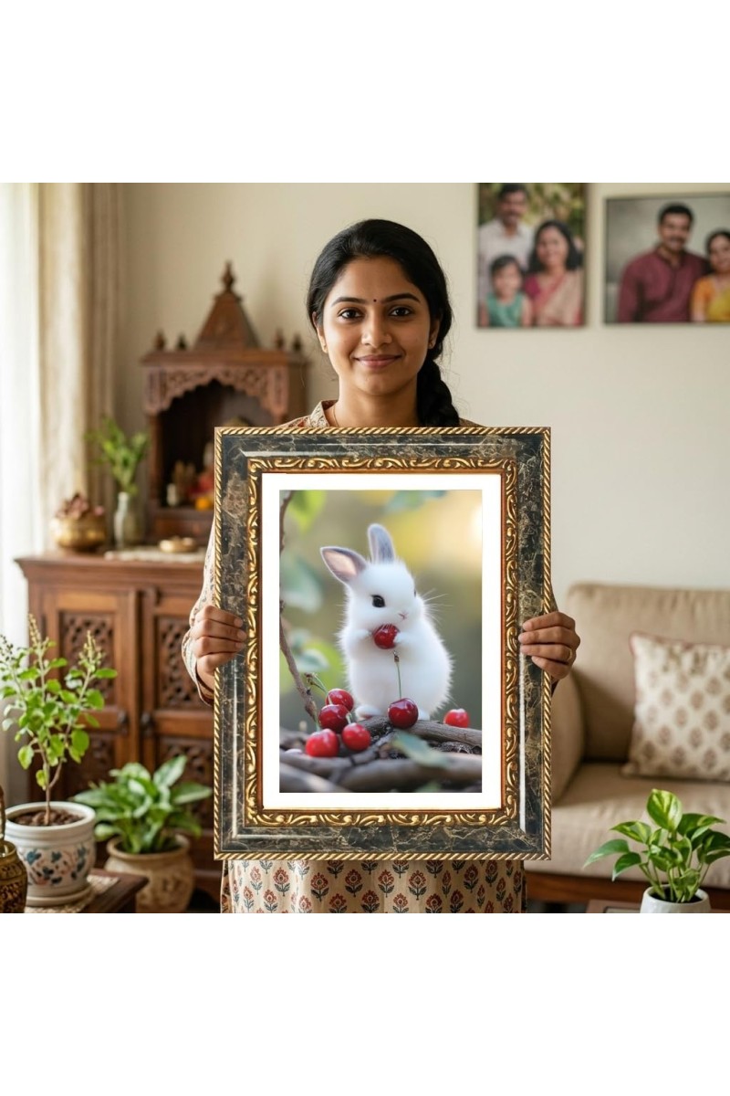 White Rabbit Holding A Red Cherry Decorative Photo Frame With White Mount | Premium Wall & Tabletop Picture Frame | Home, Office & Temple Decoration | 8x12 Inch (Pack Of 1) (F32445)