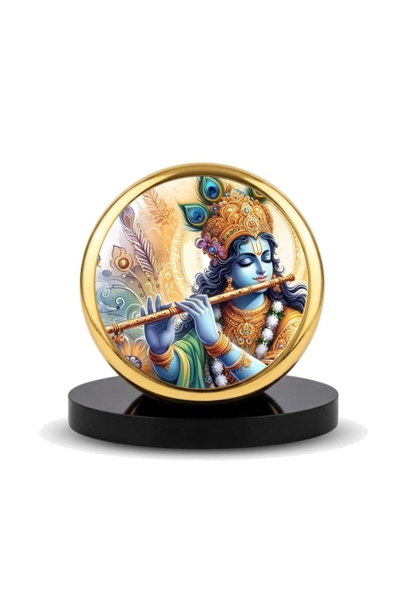 Car Dashboard/Table Top Lord Krishna Metal Golden Photo Stand 2x2 Inches, Compact & Stylish Spiritual Display For Car, Home & Office (Pack Of 1) (F24572)