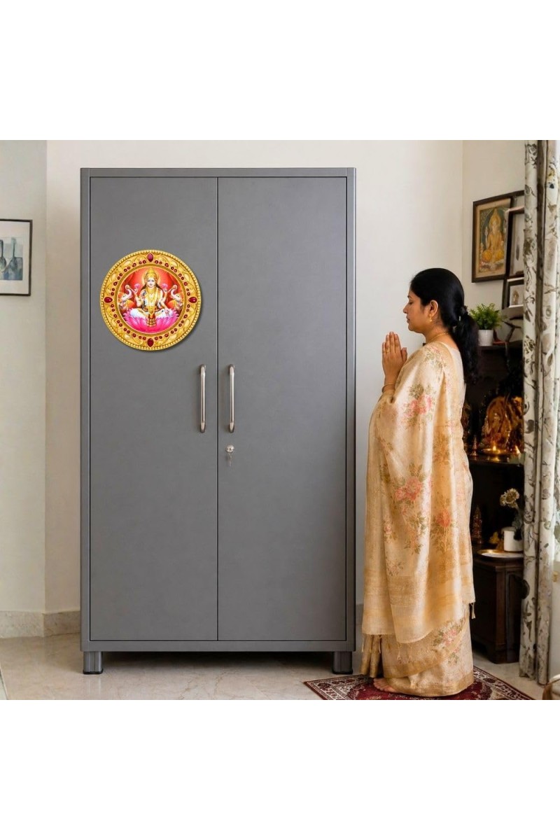 Goddess Lakshmi Fridge Magnet Wooden | Glossy Sublimation Print | 4x4 Inch | Strong Magnet Back | Decorative Magnet for Fridge, Almirah & Temple Decor (F23762)