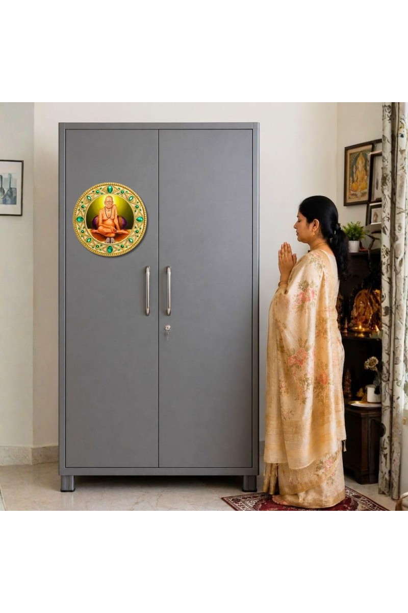 Shri Gajanan Maharaj Fridge Magnet Wooden | Glossy Sublimation Print | 4x4 Inch | Strong Magnet Back | Decorative Magnet for Fridge, Almirah & Temple Decor (F23727)