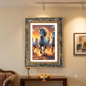 White Running Horses Decorative Photo Frame With White Mount | Premium Wall & Tabletop Picture Frame | Home, Office & Temple Decoration | 8x12 Inch (Pack Of 1) (F32519)