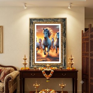 White Running Horses Decorative Photo Frame With White Mount | Premium Wall & Tabletop Picture Frame | Home, Office & Temple Decoration | 8x12 Inch (Pack Of 1) (F32519)