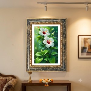 White Hibiscus Flowers Decorative Photo Frame With White Mount | Premium Wall & Tabletop Picture Frame | Home, Office & Temple Decoration | 8x12 Inch (Pack Of 1) (F32641)