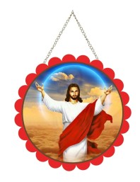 Lord Jesus Wall Hanging Photo Frame | 8 Inch Round Floral Design With Golden Hanging Chain | Decorative Religious Wall Decor For Home, Office, Temple & Pooja Room (F21898)