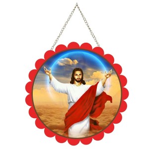 Lord Jesus Wall Hanging Photo Frame | 8 Inch Round Floral Design With Golden Hanging Chain | Decorative Religious Wall Decor For Home, Office, Temple & Pooja Room (F21898) Lord Jesus Wall Hanging Photo Frame | 8 Inch Round Floral Design With Golden Hanging Chain | Decorative Religious Wall Decor For Home, Office, Temple & Pooja Room (F21898)