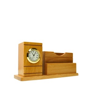 Wooden Pen Stand with Analog Clock & Business Card Holder | Multipurpose Desk Organizer for Office Table | Pen Pencil Holder | Wooden Stationery Organizer for Home & Office