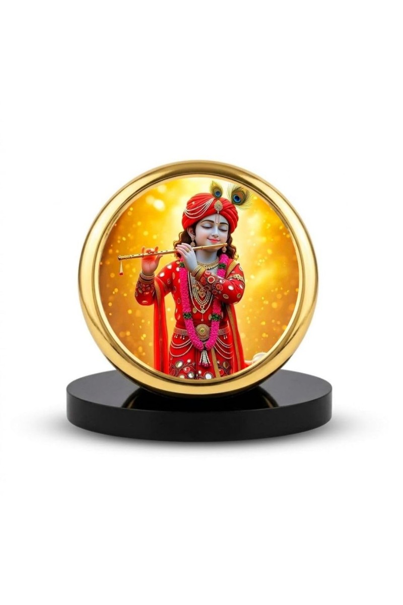 Car Dashboard/Table Top Lord Krishna Metal Golden Photo Stand 2x2 Inches, Compact & Stylish Spiritual Display For Car, Home & Office (Pack Of 1) (F24799)
