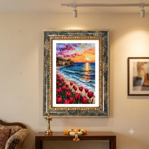 Painting Of Red Tulips On A Beach At Sunset Decorative Photo Frame With White Mount | Premium Wall & Tabletop Picture Frame | Home, Office & Temple Decoration | 10x14 Inch (Pack Of 1) (F31271)