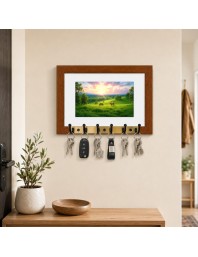 Decorative Wooden Photo Frame Key Hanger With Nature Picture, 12 X 8 Inch Wall Key Holder, 10 X 6 Inch Glossy Photo Frame, 6 Metal Hooks, Home Entrance Decor, Made In India (F38746)