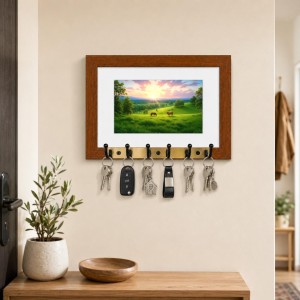 Decorative Wooden Photo Frame Key Hanger With Nature Picture, 12 X 8 Inch Wall Key Holder, 10 X 6 Inch Glossy Photo Frame, 6 Metal Hooks, Home Entrance Decor, Made In India (F38746)