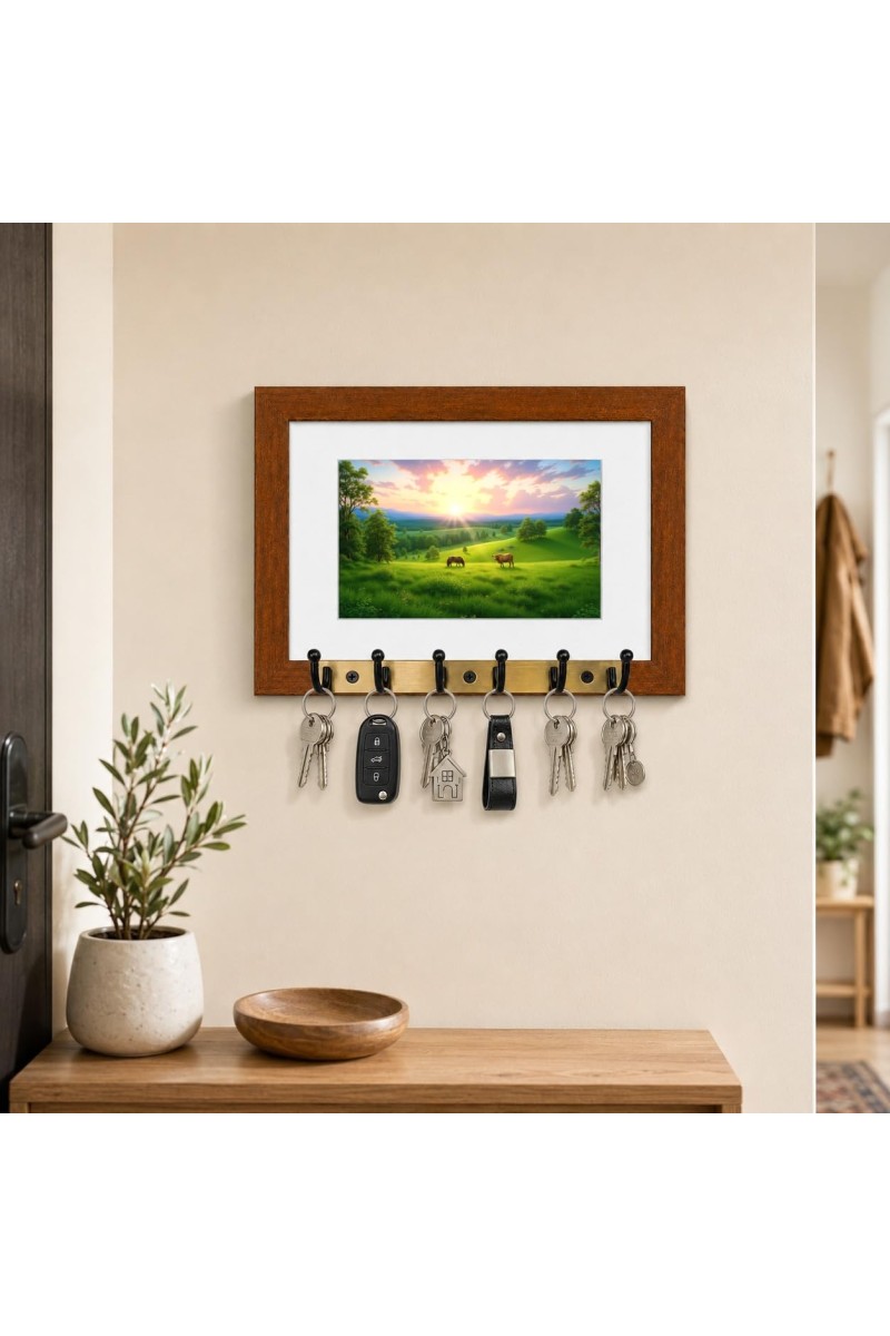 Decorative Wooden Photo Frame Key Hanger With Nature Picture, 12 X 8 Inch Wall Key Holder, 10 X 6 Inch Glossy Photo Frame, 6 Metal Hooks, Home Entrance Decor, Made In India (F38746)