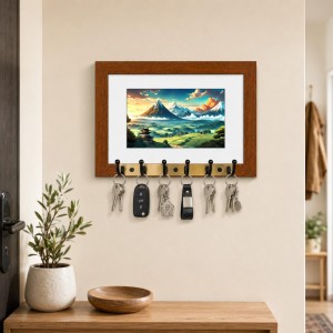 Decorative Wooden Photo Frame Key Hanger With Nature Picture, 12 X 8 Inch Wall Key Holder, 10 X 6 Inch Glossy Photo Frame, 6 Metal Hooks, Home Entrance Decor, Made In India (F38771)