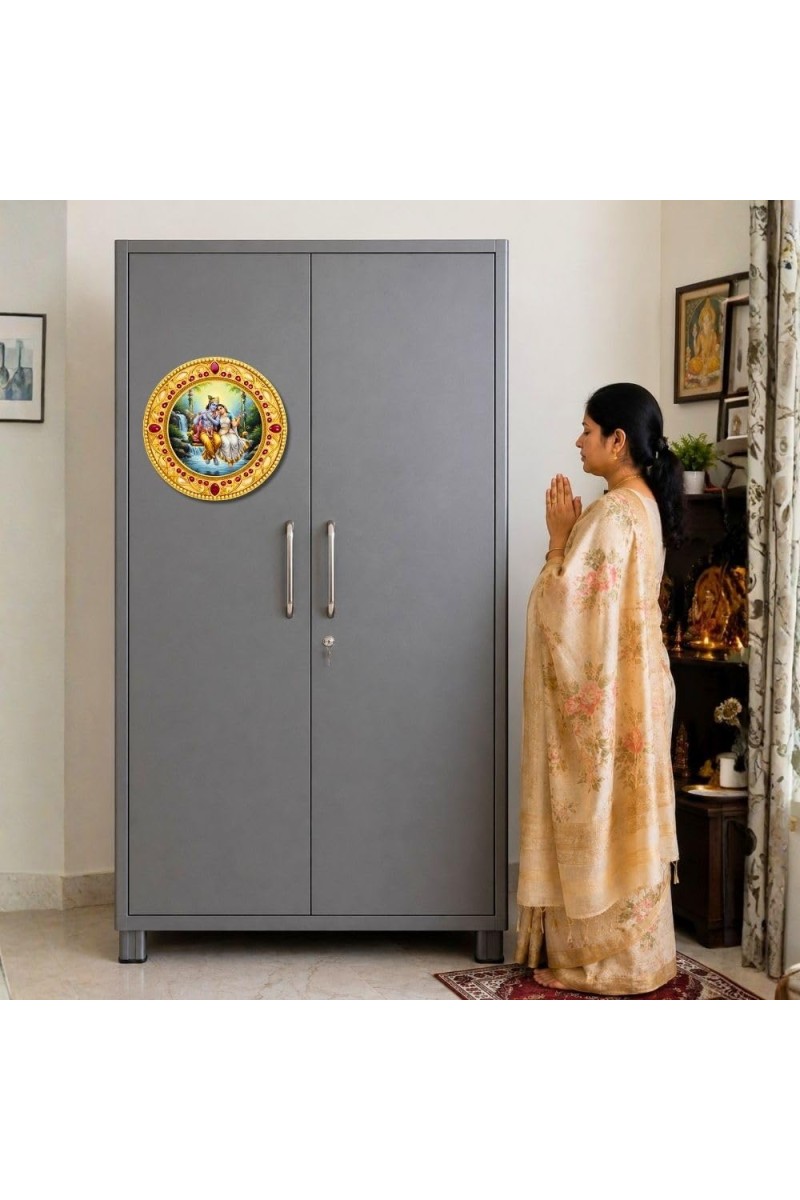 Lord Krishna and Radhaa Fridge Magnet Wooden | Glossy Sublimation Print | 4x4 Inch | Strong Magnet Back | Decorative Magnet for Fridge, Almirah & Temple Decor (F23700)