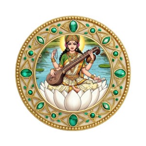 Goddess Saraswati Fridge Magnet Wooden | Glossy Sublimation Print | 4x4 Inch | Strong Magnet Back | Decorative Magnet for Fridge, Almirah & Temple Decor (F23783)