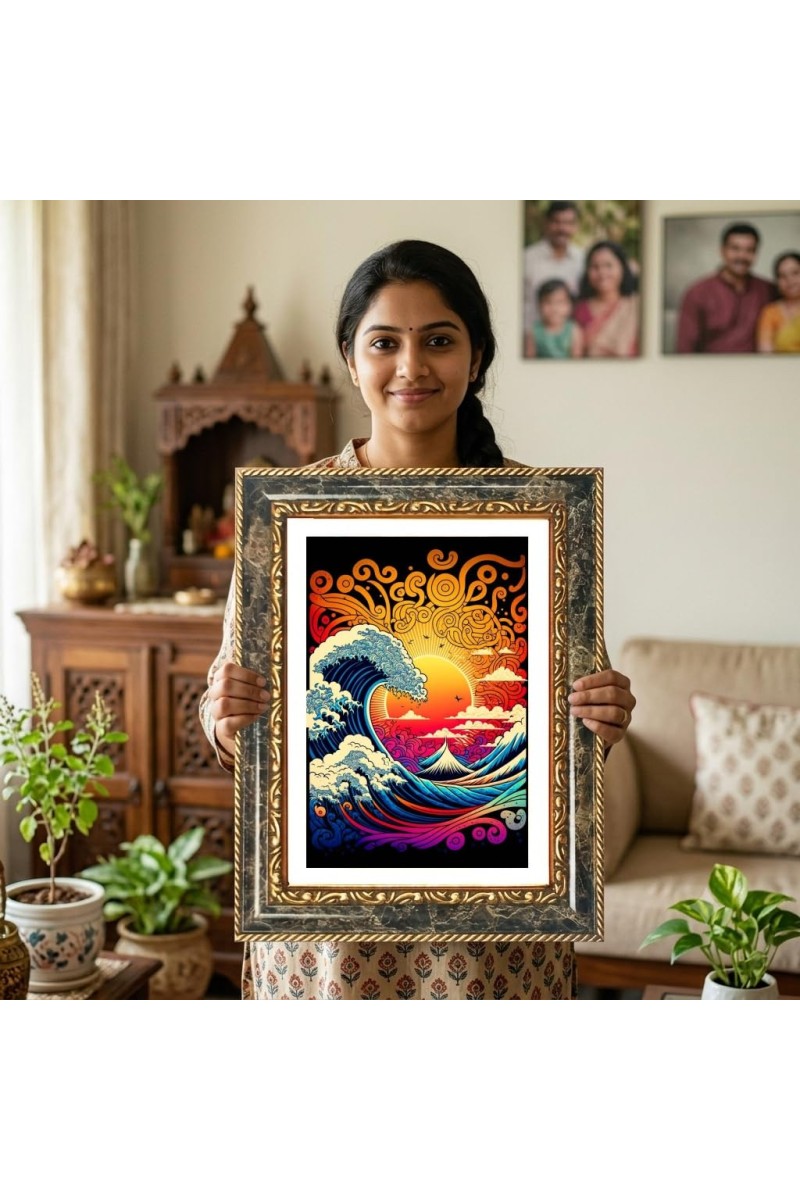 The Great Wave Off Kanagawa Decorative Photo Frame With White Mount | Premium Wall & Tabletop Picture Frame | Home, Office & Temple Decoration | 8x12 Inch (Pack Of 1) (F31624)
