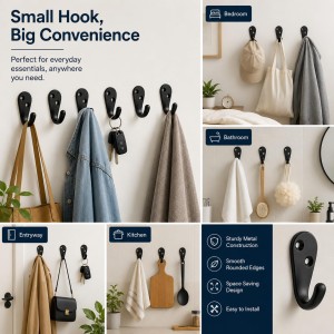Black Metal Wall Hooks |Wall Mount Hooks for Clothes, Bags, Coats, Hats, Keys & Towels | Rust Resistant Curtain Holdback Hooks for Bathroom, Bedroom, Kitchen & Office | Includes 12 Screws | Pack of 6