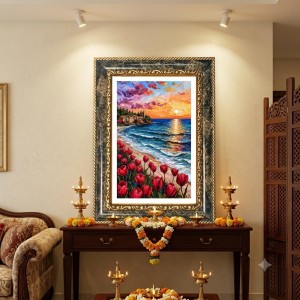Painting Of Red Tulips On A Beach At Sunset Decorative Photo Frame With White Mount | Premium Wall & Tabletop Picture Frame | Home, Office & Temple Decoration | 10x14 Inch (Pack Of 1) (F31271)