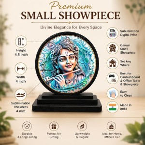 Car Dashboard Wooden Lord Krishna Showpiece | 4 X 4.5 Inch Sublimation Printed Decorative Stand | 4 Mm MDF | Home Decor | Made in India (F33465)