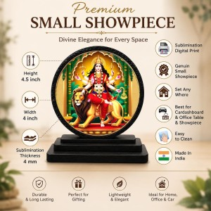 Car Dashboard Wooden Goddess Durga Showpiece | 4 X 4.5 Inch Sublimation Printed Decorative Stand | 4 Mm MDF | Home Decor | Made in India (F33678)