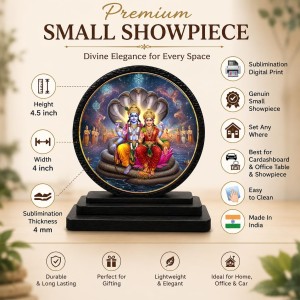 Car Dashboard Wooden Lord Lakshmi Narayan Showpiece | 4 X 4.5 Inch Sublimation Printed Decorative Stand | 4 Mm MDF | Home Decor | Made in India (F33500)