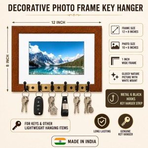 Decorative Wooden Photo Frame Key Hanger With Nature Picture, 12 X 8 Inch Wall Key Holder, 10 X 6 Inch Glossy Photo Frame, 6 Metal Hooks, Home Entrance Decor, Made In India (F38839) Decorative Wooden Photo Frame Key Hanger With Nature Picture, 12 X 8 Inch Wall Key Holder, 10 X 6 Inch Glossy Photo Frame, 6 Metal Hooks, Home Entrance Decor, Made In India (F38839)