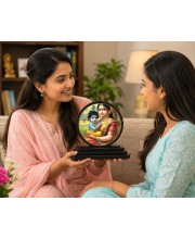 Car Dashboard Wooden Bal Krishna with MATA Yashoda Showpiece | 4 X 4.5 Inch Sublimation Printed Decorative Stand | 4 Mm MDF | Home Decor | Made in India (F33717)