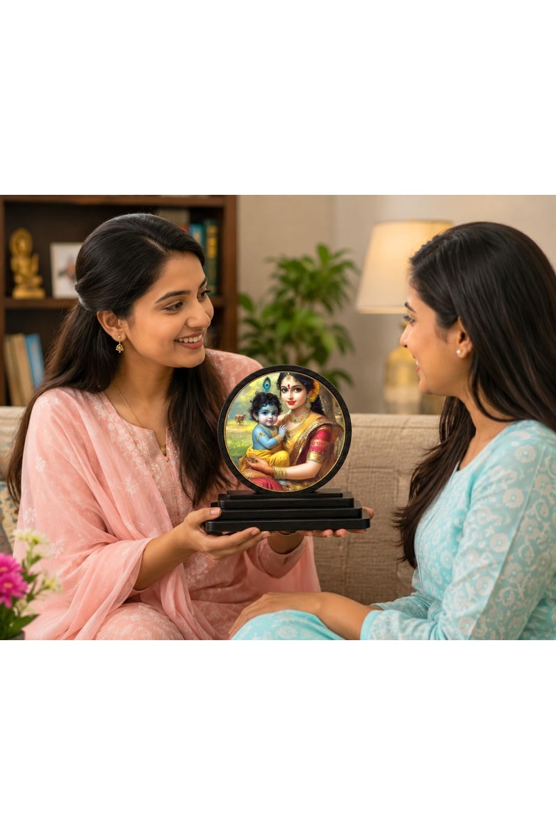 Car Dashboard Wooden Bal Krishna with MATA Yashoda Showpiece | 4 X 4.5 Inch Sublimation Printed Decorative Stand | 4 Mm MDF | Home Decor | Made in India (F33717)
