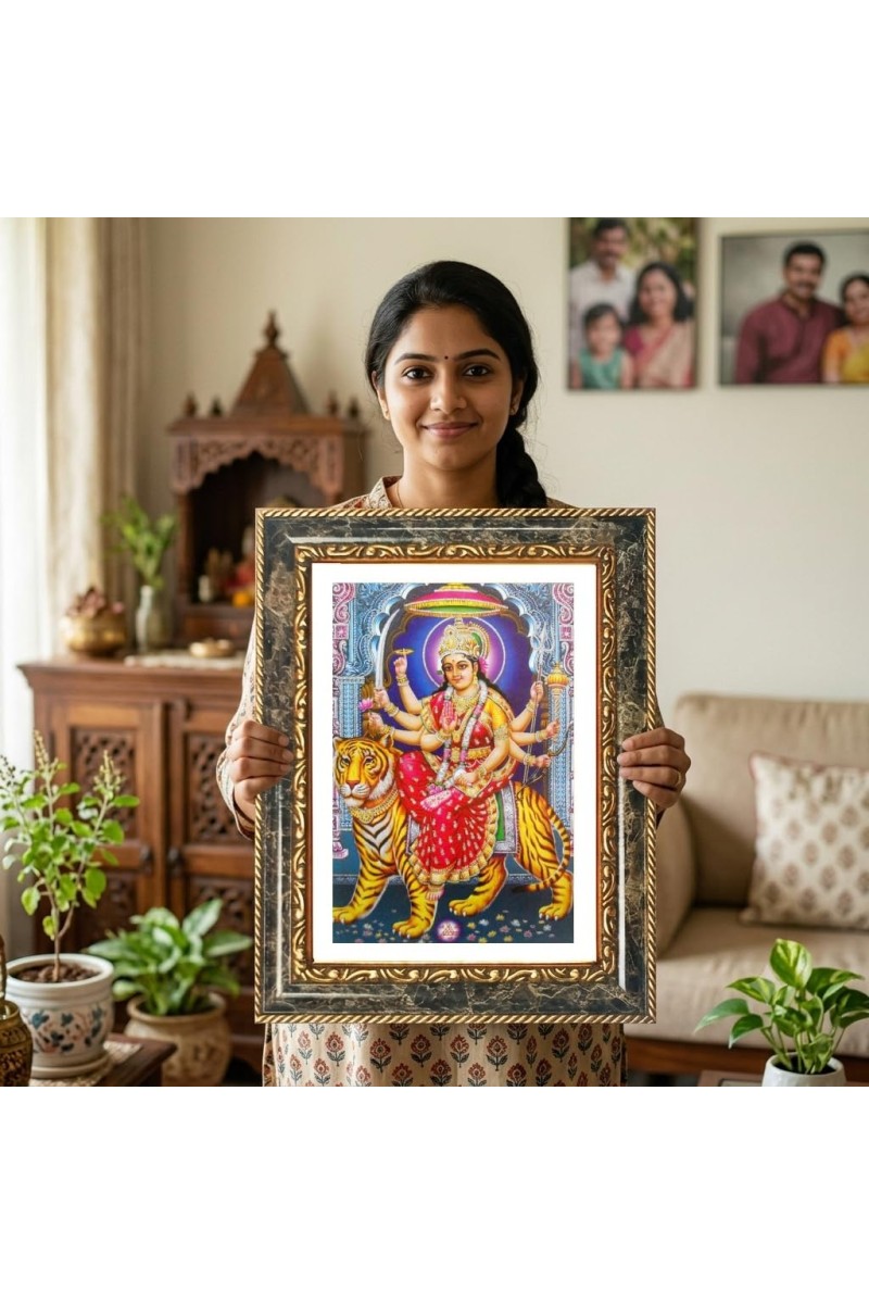 Goddess Durga Decorative Photo Frame With White Mount | Premium Wall & Tabletop Picture Frame | Home, Office & Temple Decoration | 10x14 Inch (Pack Of 1) (F33015)