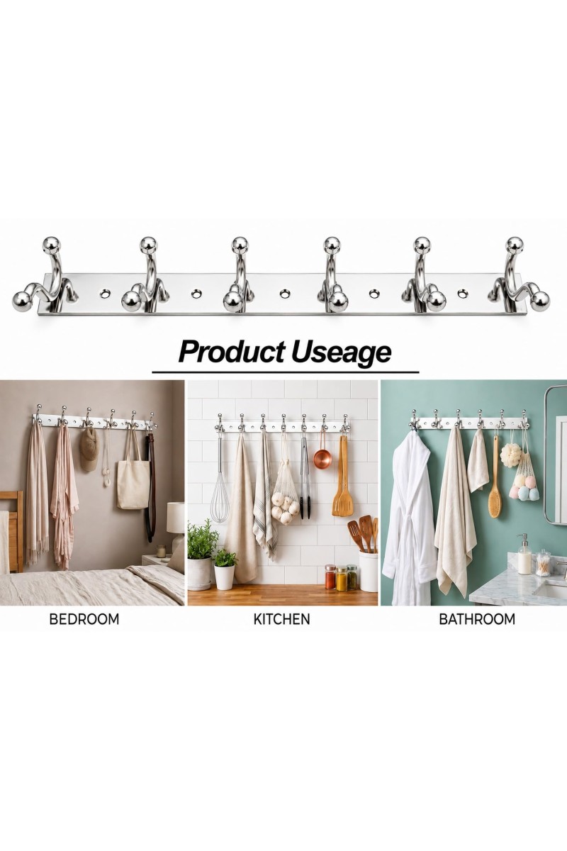 6 Hook Wall Mounted Coat & Towel Hanger Rack |Stainless Steel Clothes Hook Rail | Multipurpose Organizer for Bathroom, Kitchen, Bedroom & Entryway | Rust Resistant | Includes 5 Mounting Screws