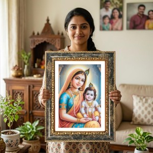 Yashoda And Krishna Decorative Photo Frame With White Mount | Premium Wall & Tabletop Picture Frame | Home, Office & Temple Decoration | 10x14 Inch (Pack Of 1) (F33211)