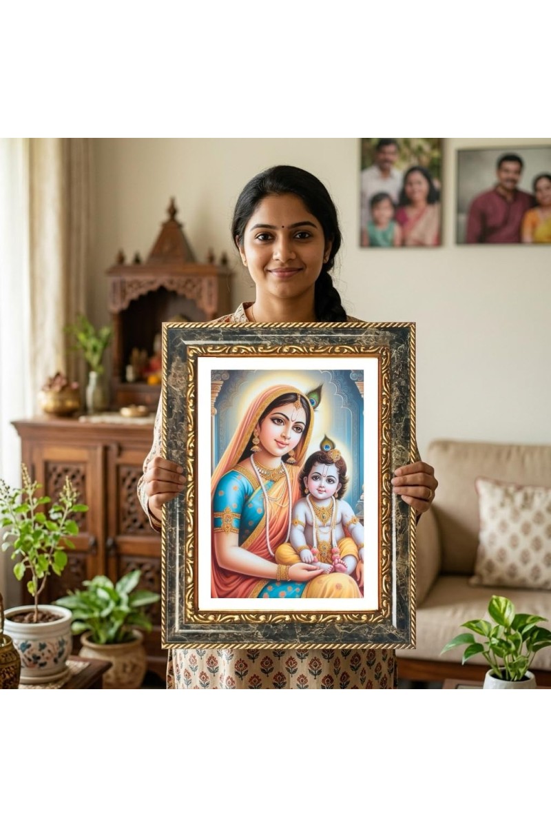 Yashoda And Krishna Decorative Photo Frame With White Mount | Premium Wall & Tabletop Picture Frame | Home, Office & Temple Decoration | 10x14 Inch (Pack Of 1) (F33211)