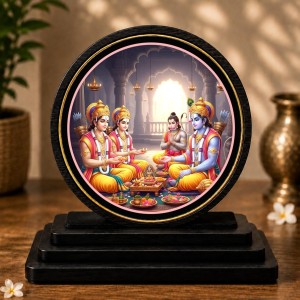 Car Dashboard Wooden Ram Darbar Showpiece | 4 X 4.5 Inch Sublimation Printed Decorative Stand | 4 Mm MDF | Home Decor | Made in India (F33583)