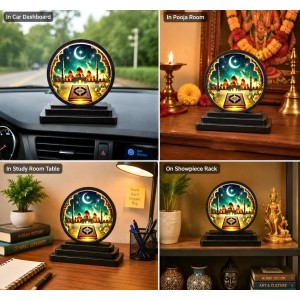 Car Dashboard Wooden Ramadan Night Showpiece | 4 X 4.5 Inch Sublimation Printed Decorative Stand | 4 Mm MDF | Home Decor | Made in India (F33307)