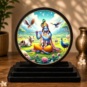 Car Dashboard Wooden Lord Krishna Showpiece | 4 X 4.5 Inch Sublimation Printed Decorative Stand | 4 Mm MDF | Home Decor | Made in India (F33697)
