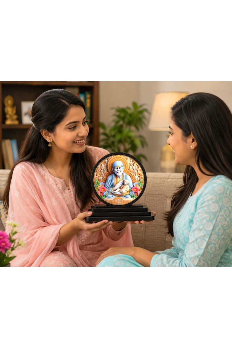 Car Dashboard Wooden Lord Sai Baba Ji Showpiece | 4 X 4.5 Inch Sublimation Printed Decorative Stand | 4 Mm MDF | Home Decor | Made in India (F33289)