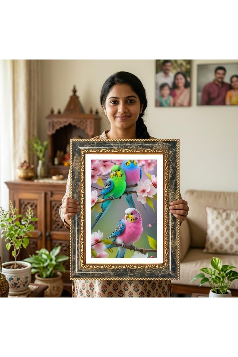 Parakeets Decorative Photo Frame With White Mount | Premium Wall & Tabletop Picture Frame | Home, Office & Temple Decoration | 8x12 Inch (Pack Of 1) (F32384)