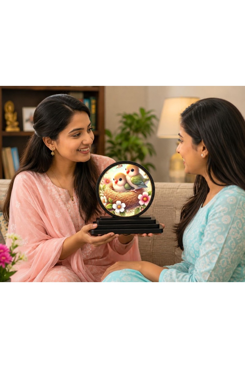 Car Dashboard Wooden Two Small Birds Showpiece | 4 X 4.5 Inch Sublimation Printed Decorative Stand | 4 Mm MDF | Home Decor | Made in India (F33502)