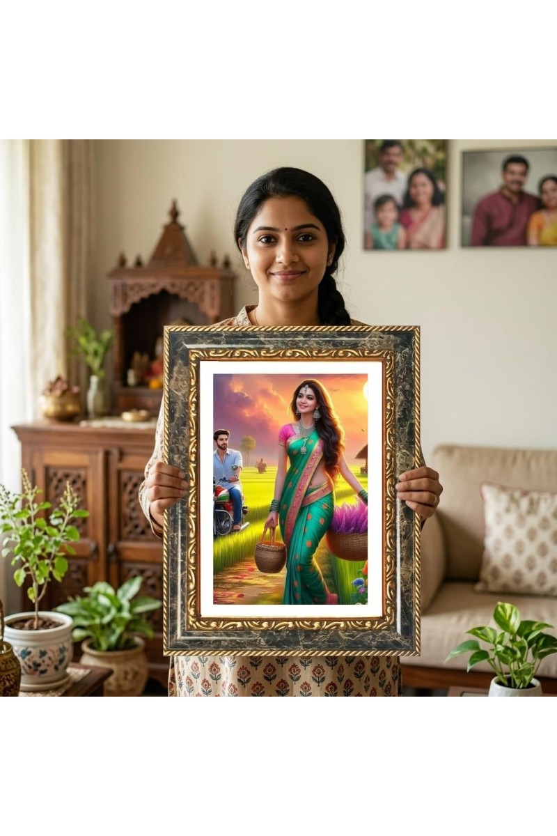 Woman With Bicycle Decorative Photo Frame With White Mount | Premium Wall & Tabletop Picture Frame | Home, Office & Temple Decoration | 10x14 Inch (Pack Of 1) (F31141)