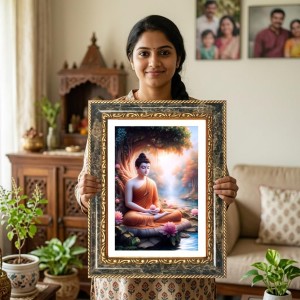 Buddha Meditation Decorative Photo Frame With White Mount | Premium Wall & Tabletop Picture Frame | Home, Office & Temple Decoration | 8x12 Inch (Pack Of 1) (F32992)