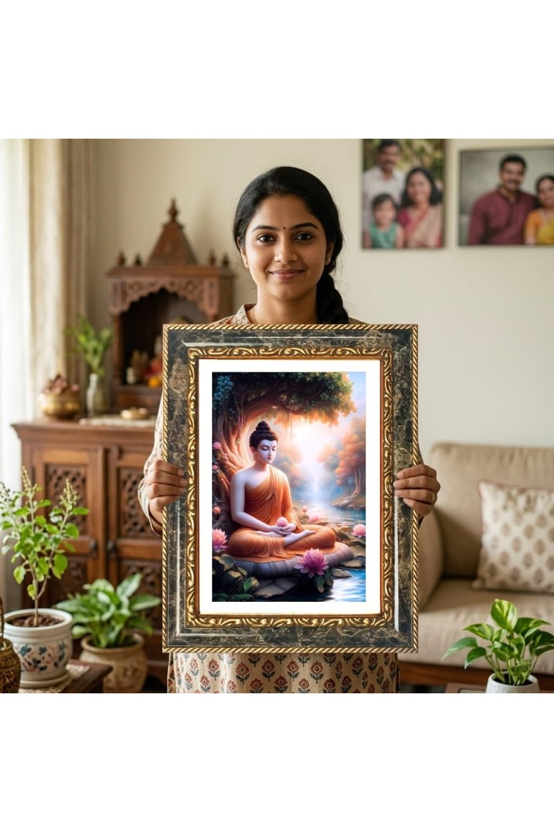 Buddha Meditation Decorative Photo Frame With White Mount | Premium Wall & Tabletop Picture Frame | Home, Office & Temple Decoration | 8x12 Inch (Pack Of 1) (F32992)