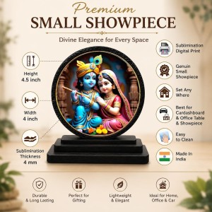 Car Dashboard Wooden Lord Radhe Krishna Showpiece | 4 X 4.5 Inch Sublimation Printed Decorative Stand | 4 Mm MDF | Home Decor | Made in India (F33536)