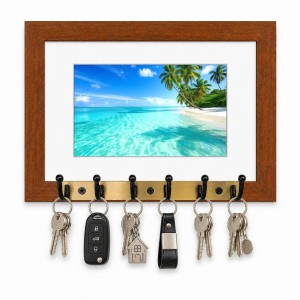 Decorative Wooden Photo Frame Key Hanger With Nature Picture, 12 X 8 Inch Wall Key Holder, 10 X 6 Inch Glossy Photo Frame, 6 Metal Hooks, Home Entrance Decor, Made In India (F38620)