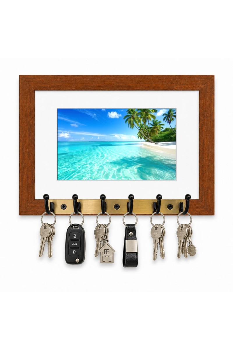 Decorative Wooden Photo Frame Key Hanger With Nature Picture, 12 X 8 Inch Wall Key Holder, 10 X 6 Inch Glossy Photo Frame, 6 Metal Hooks, Home Entrance Decor, Made In India (F38620)